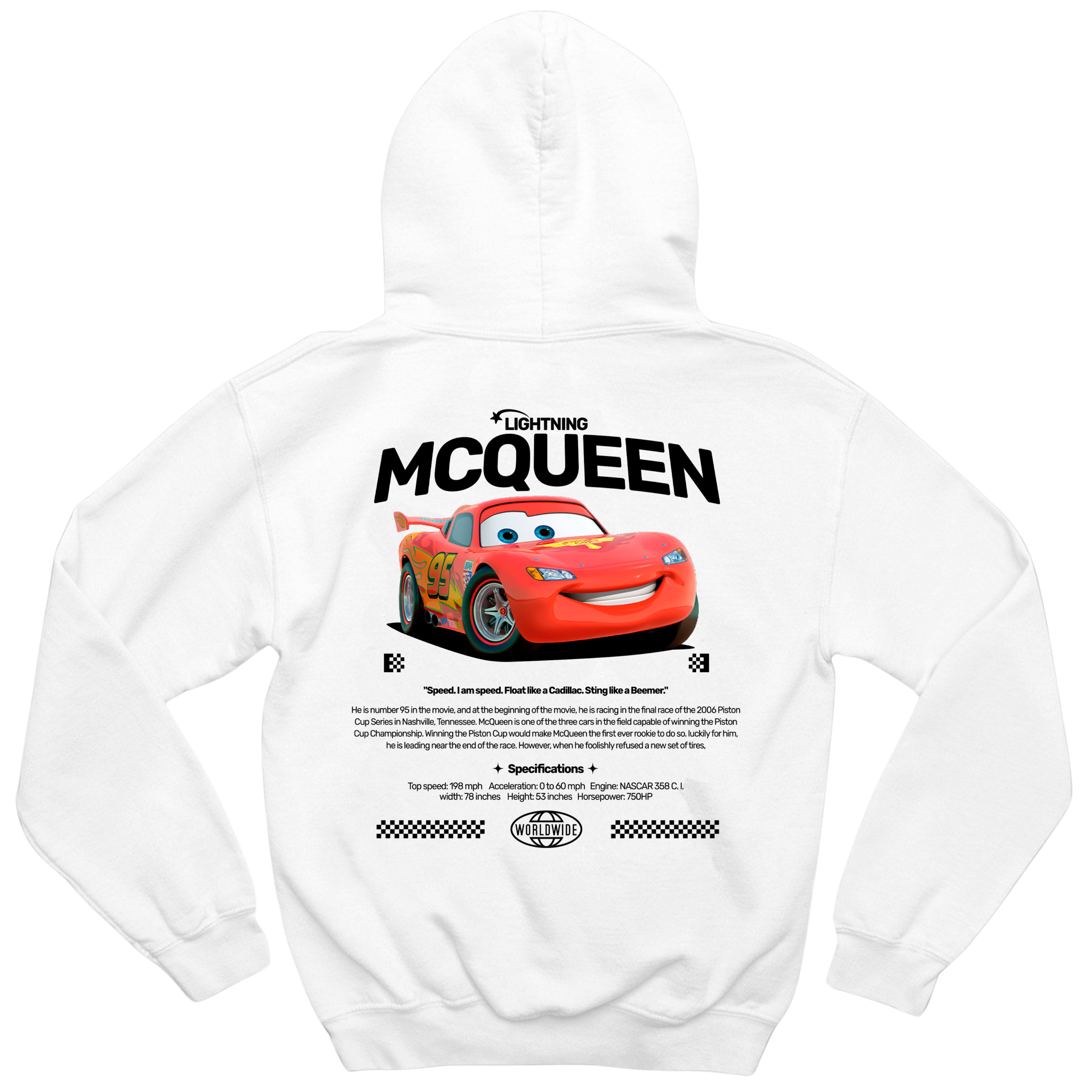 Close na costura reforçada e acabamento do moletom McQueen Cars, destaque para durabilidade