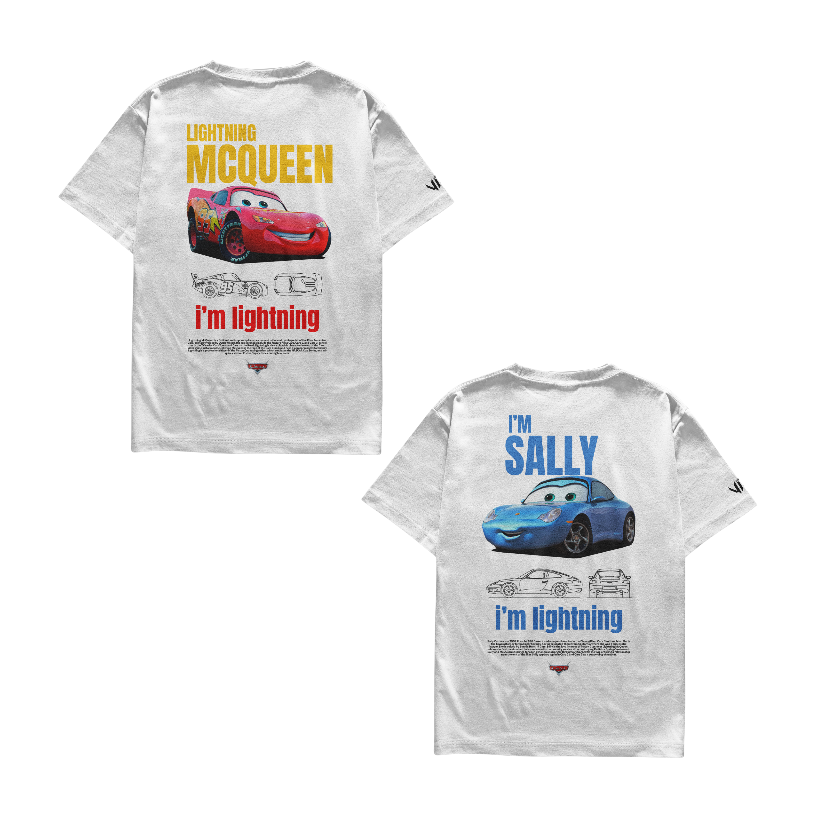 Camisetas McQueen e Sally com modelagem ajustada e tecido leve para casal