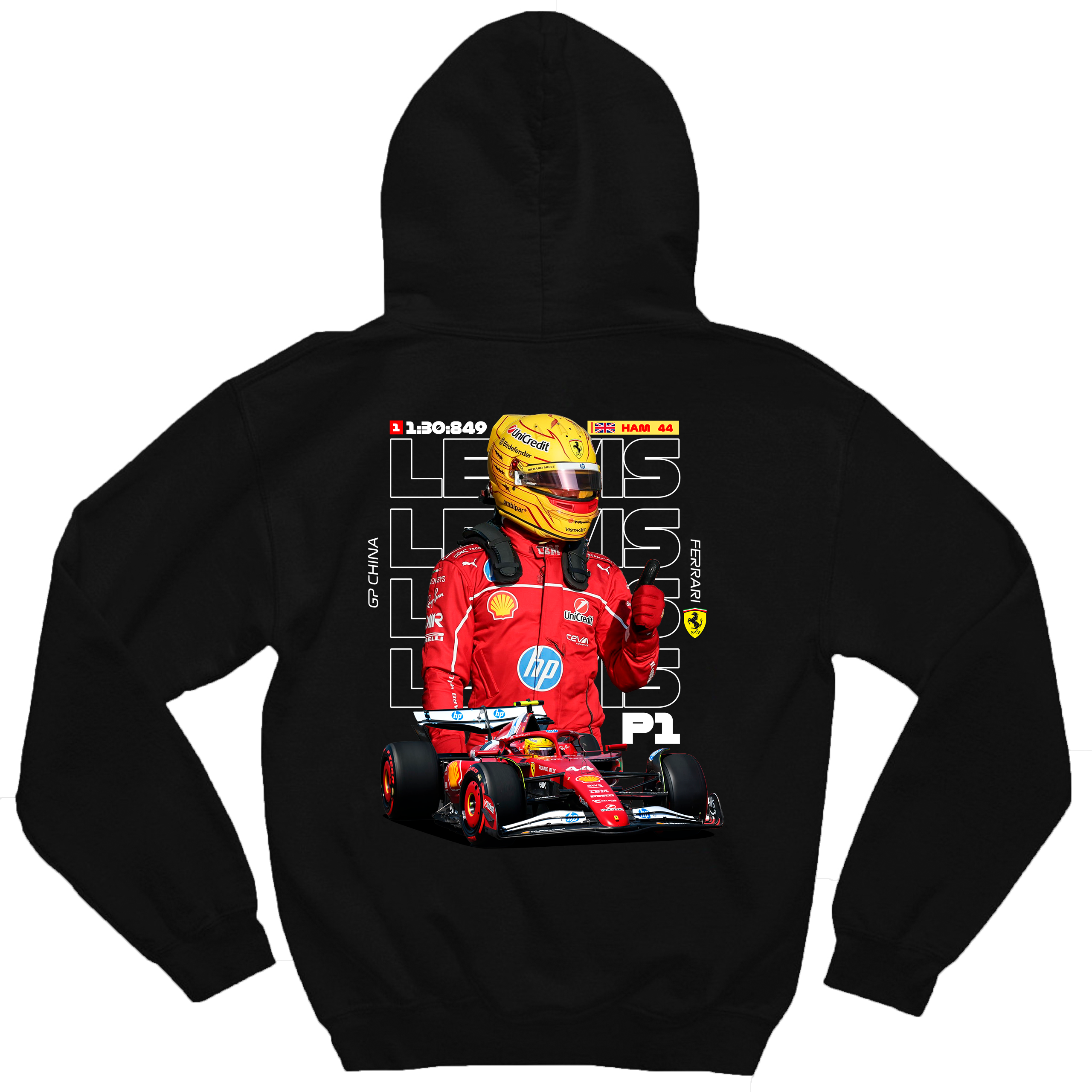 Moletom Lewis Hamilton com capuz preto e estampa automotiva