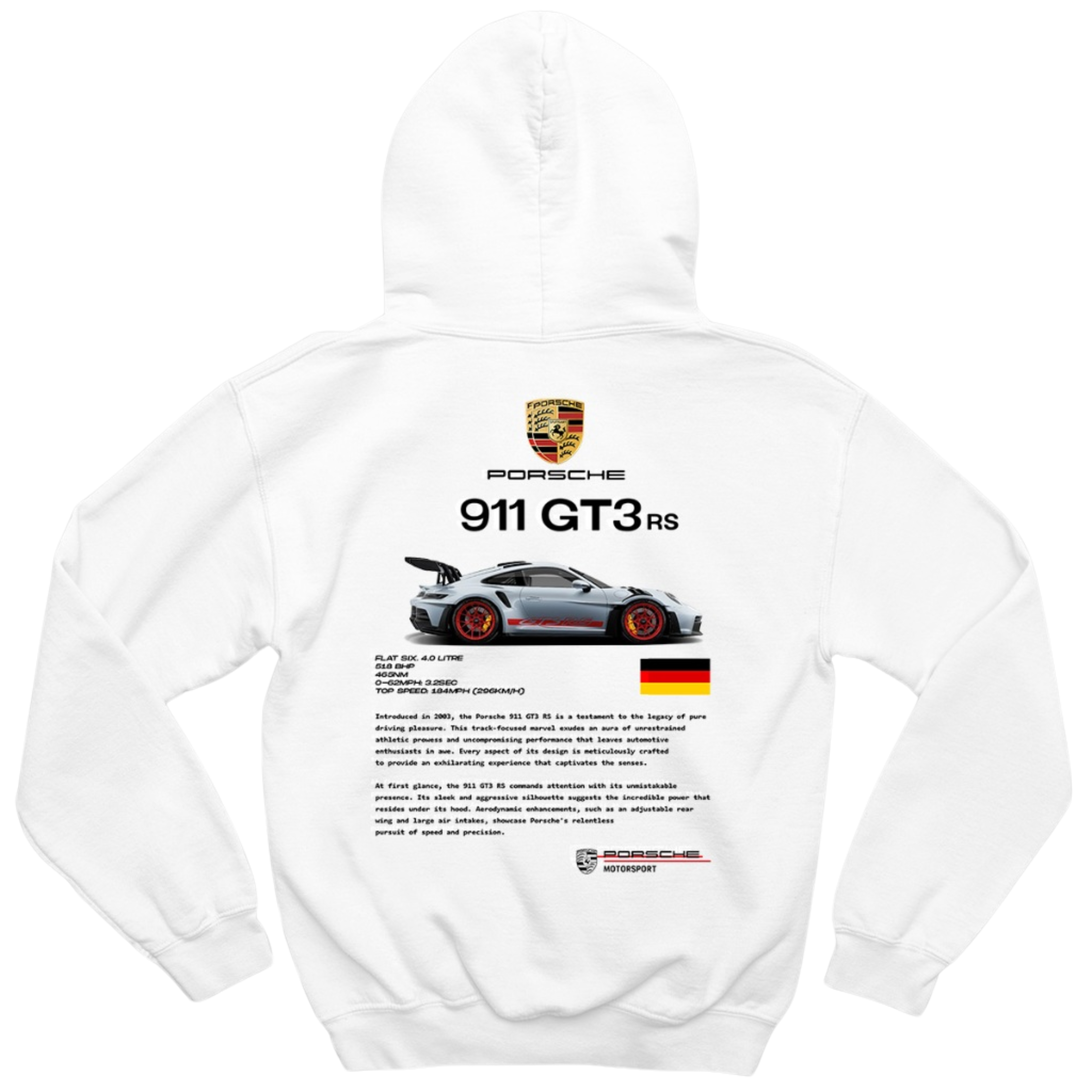 Close no tecido do Moletom Porsche 911 RS mostrando a qualidade e gramatura.
