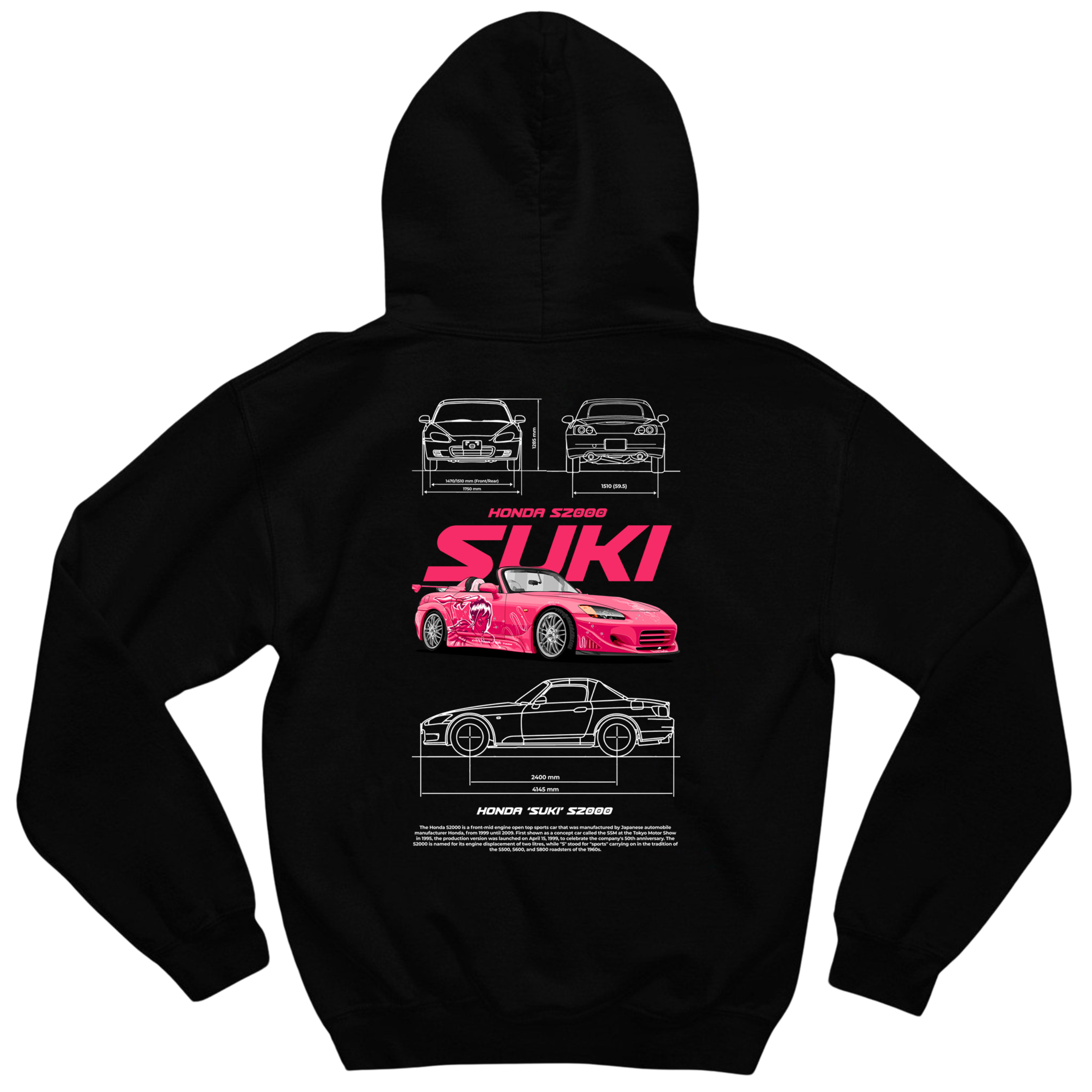 Moletom unissex S2000 Suki rosa com estampa automotiva e capuz