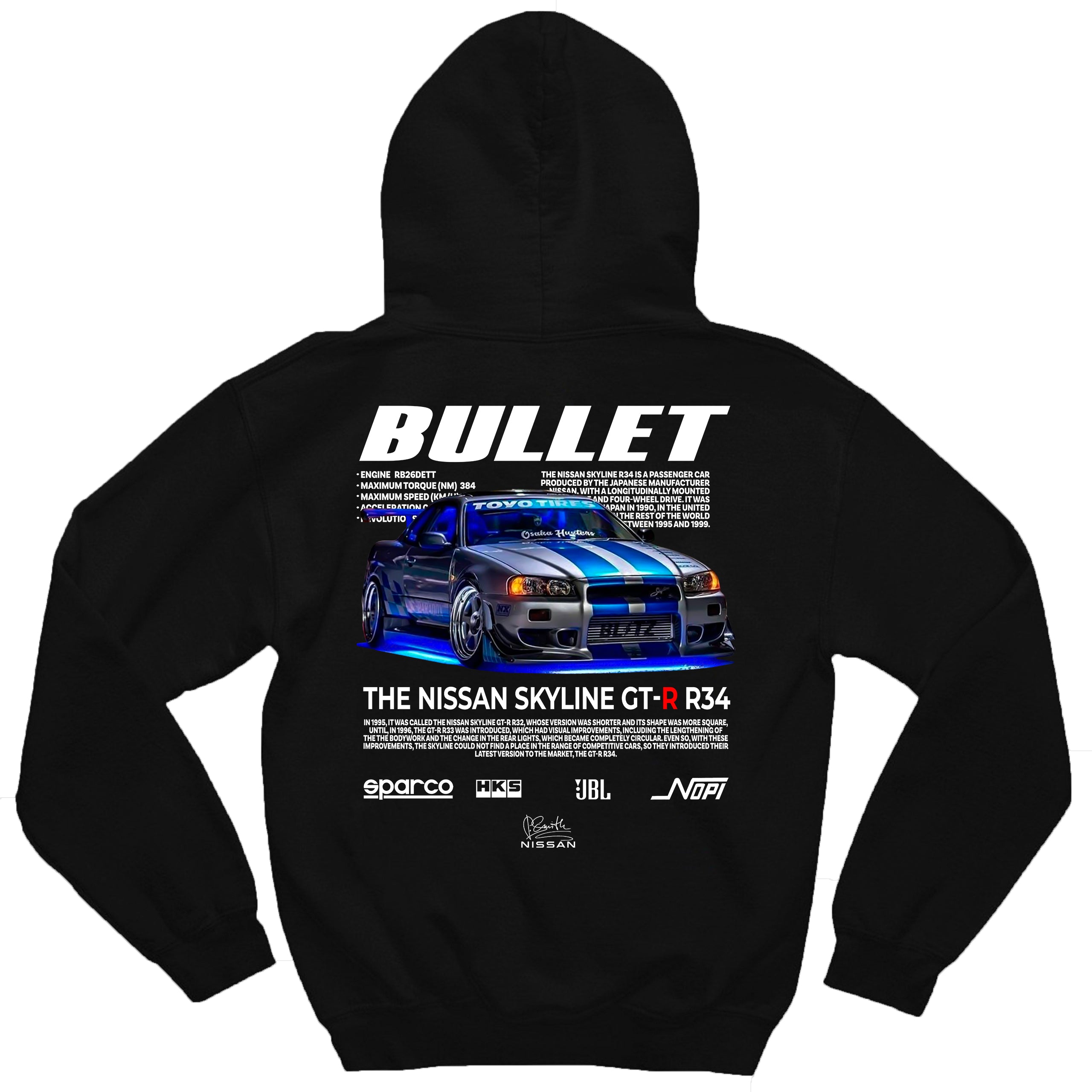 Moletom Bullet GTR masculino preto com estampa automotiva de alto impacto