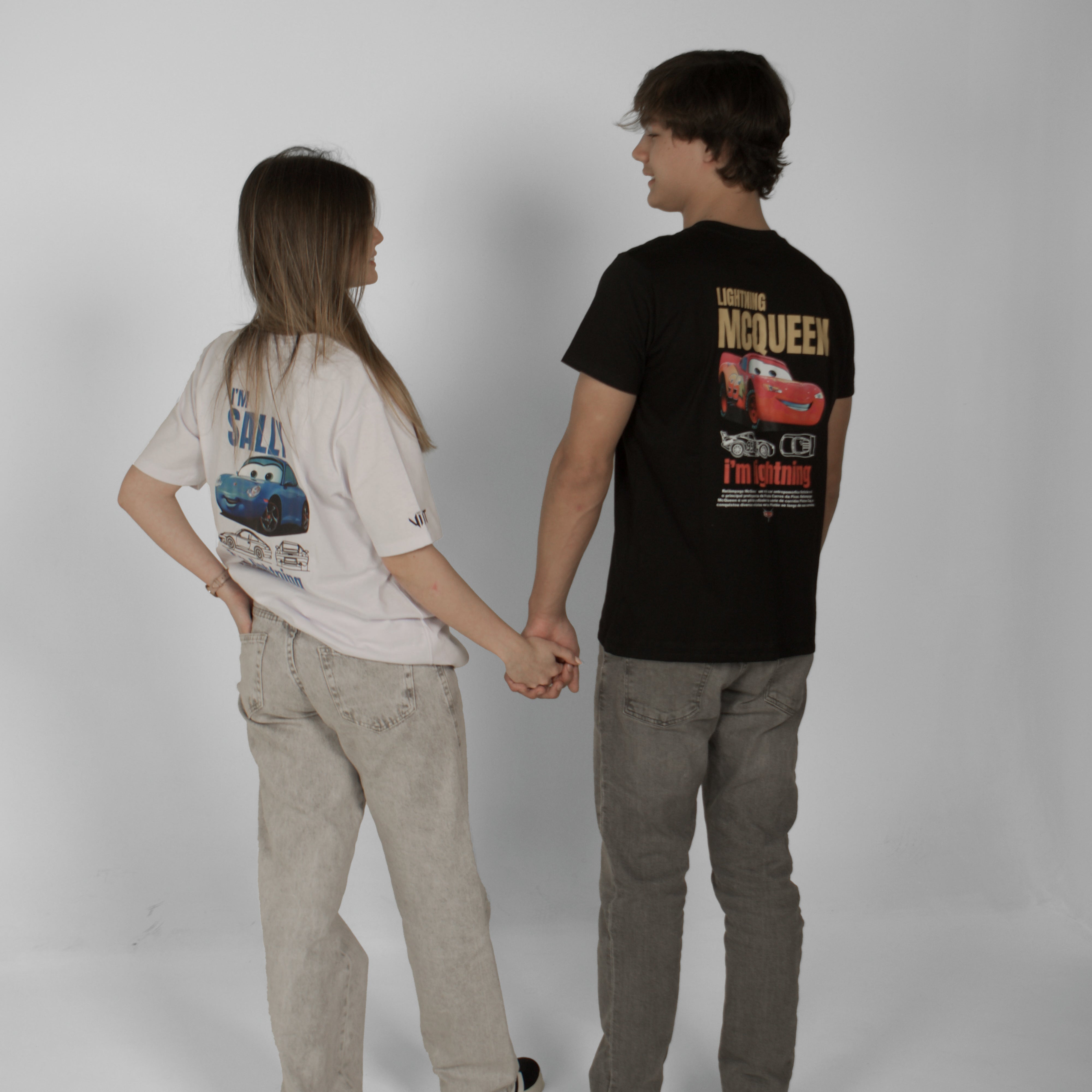 Kit Camisetas McQueen e Sally casal em algodão penteado com estampa durável