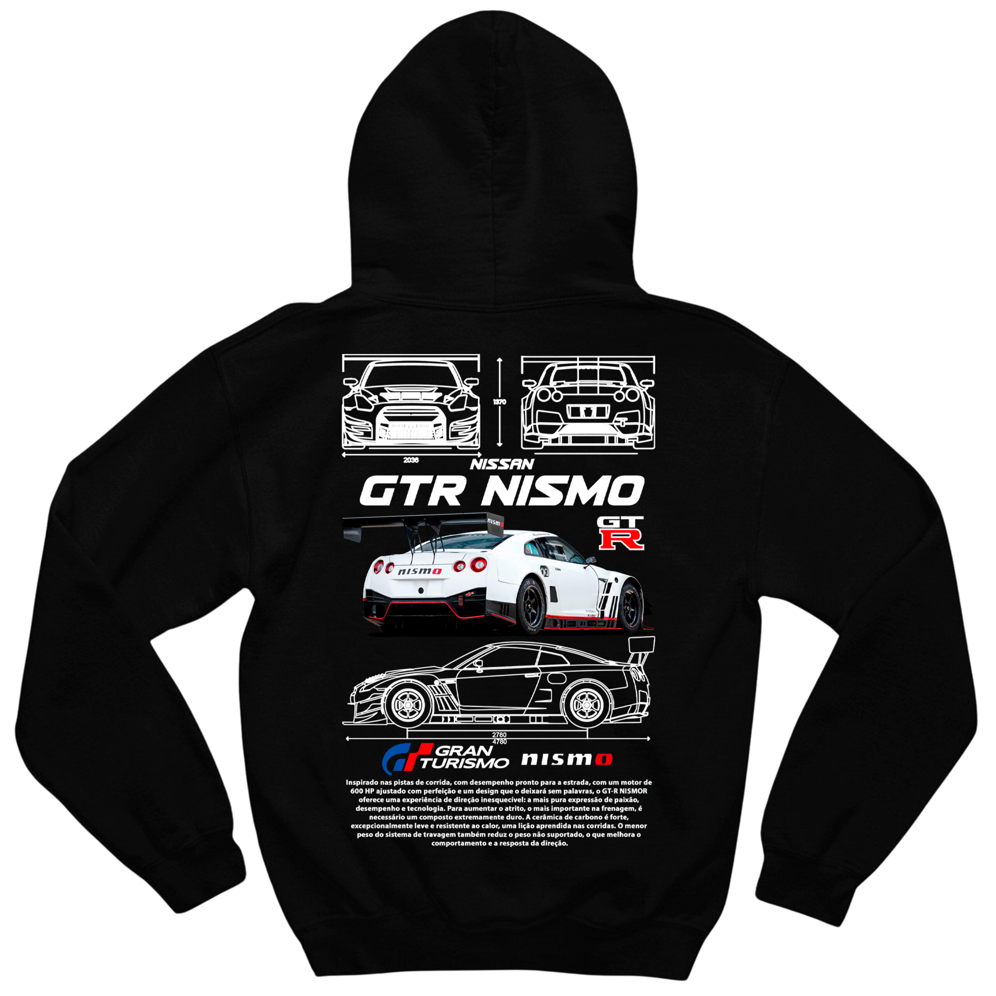 Moletom GTR Nismo preto em algodão e poliéster com capuz e estampa frontal
