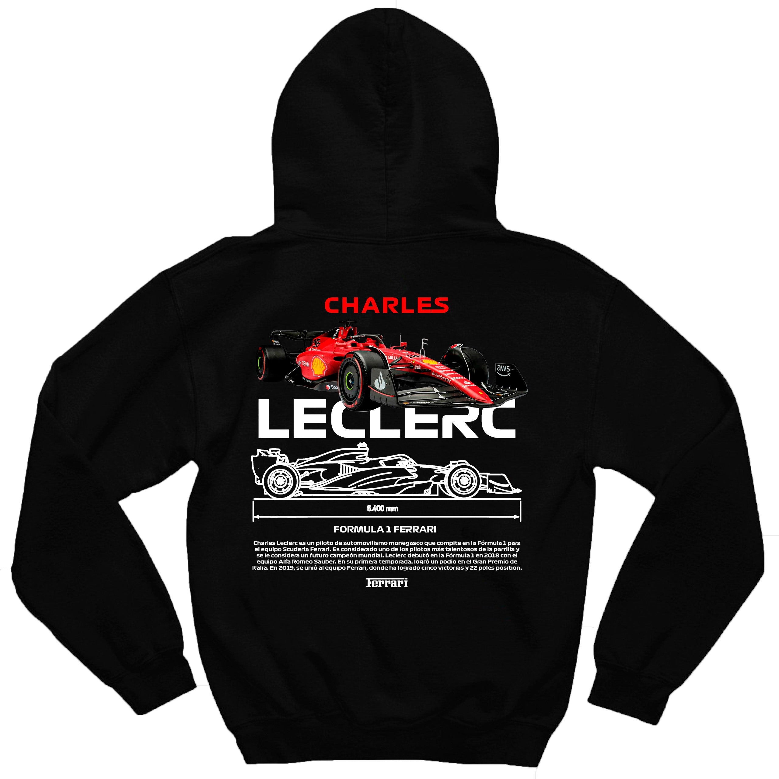 Moletom Charles Leclerc F1 com capuz e estampa oficial, confeccionado em algodão e poliéster, visto de frente