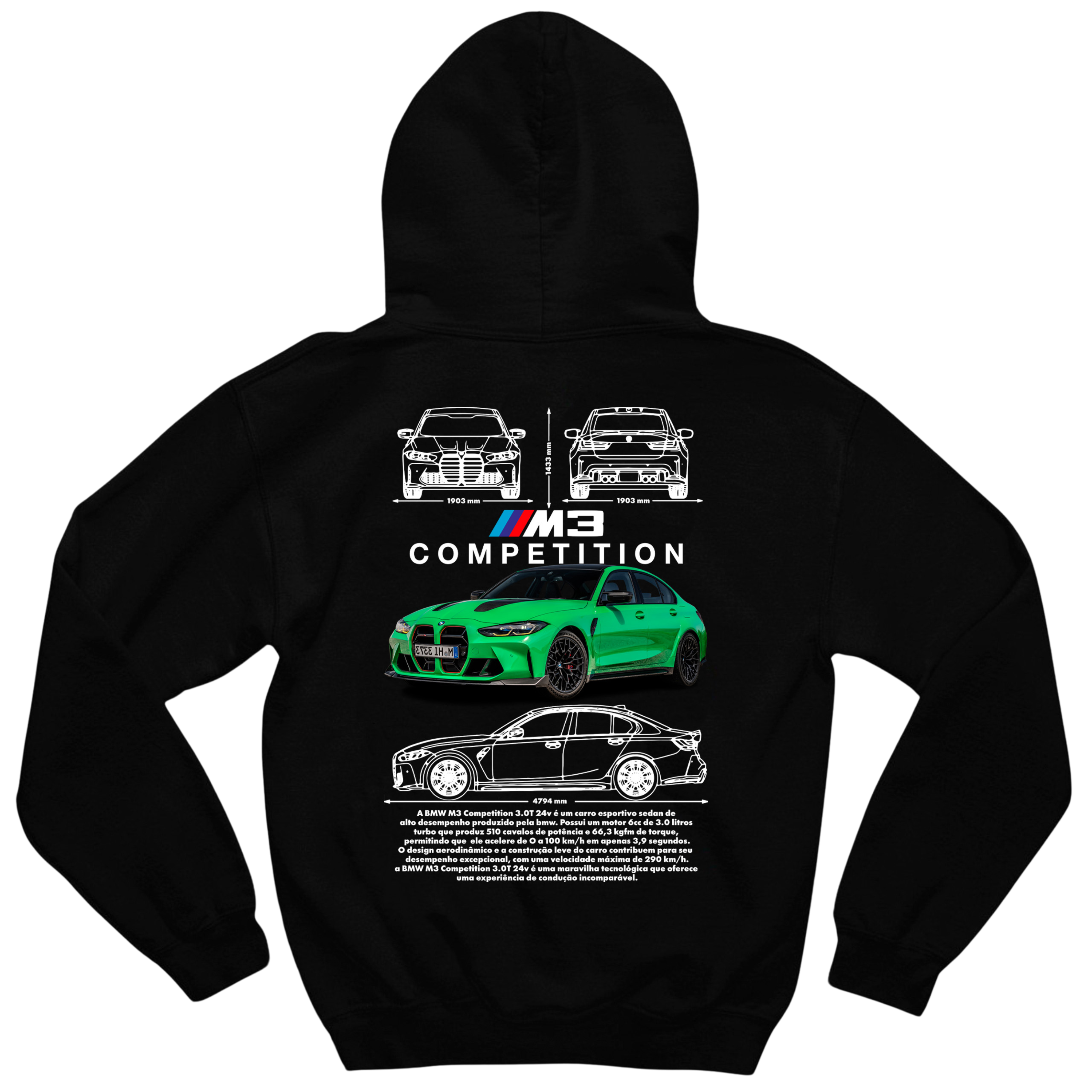 Moletom sustentável BMW M3 Competition produzido no Brasil com tecido 75% algodão