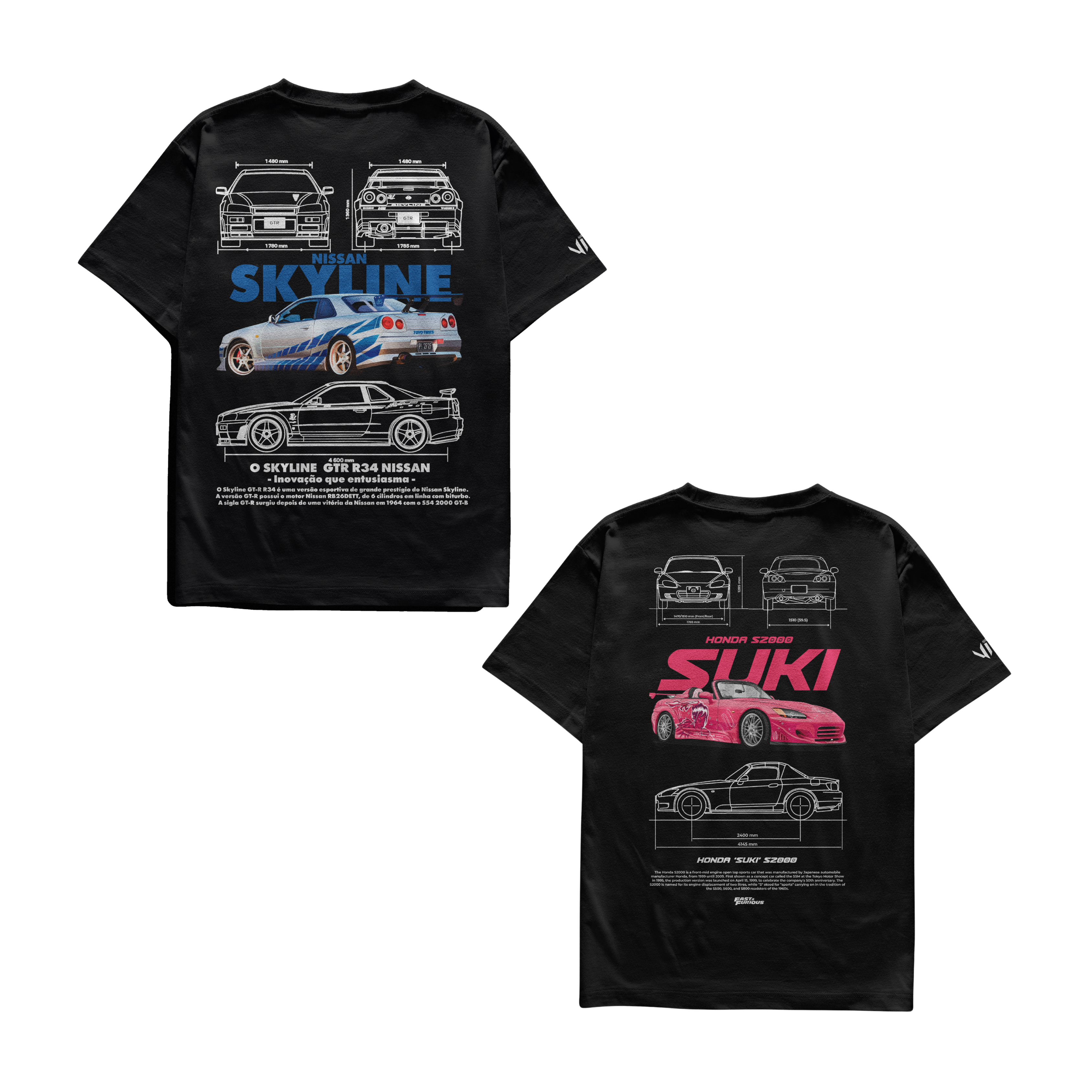 Kit de camisetas casal Skyline e Suki com estampa automotiva


