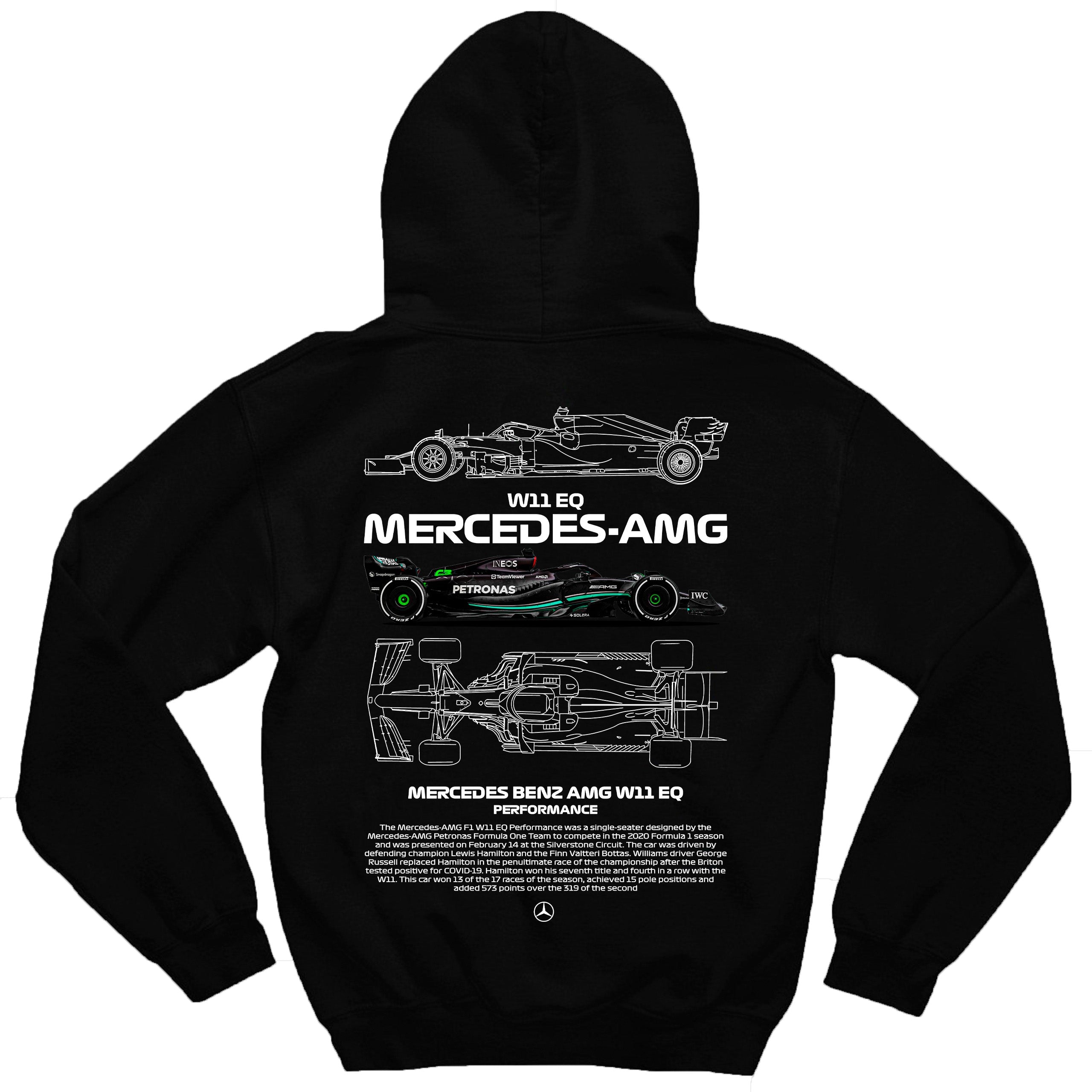 Moletom Mercedes W11 EQ F1 em algodão e poliéster, toque macio e ribana flexível