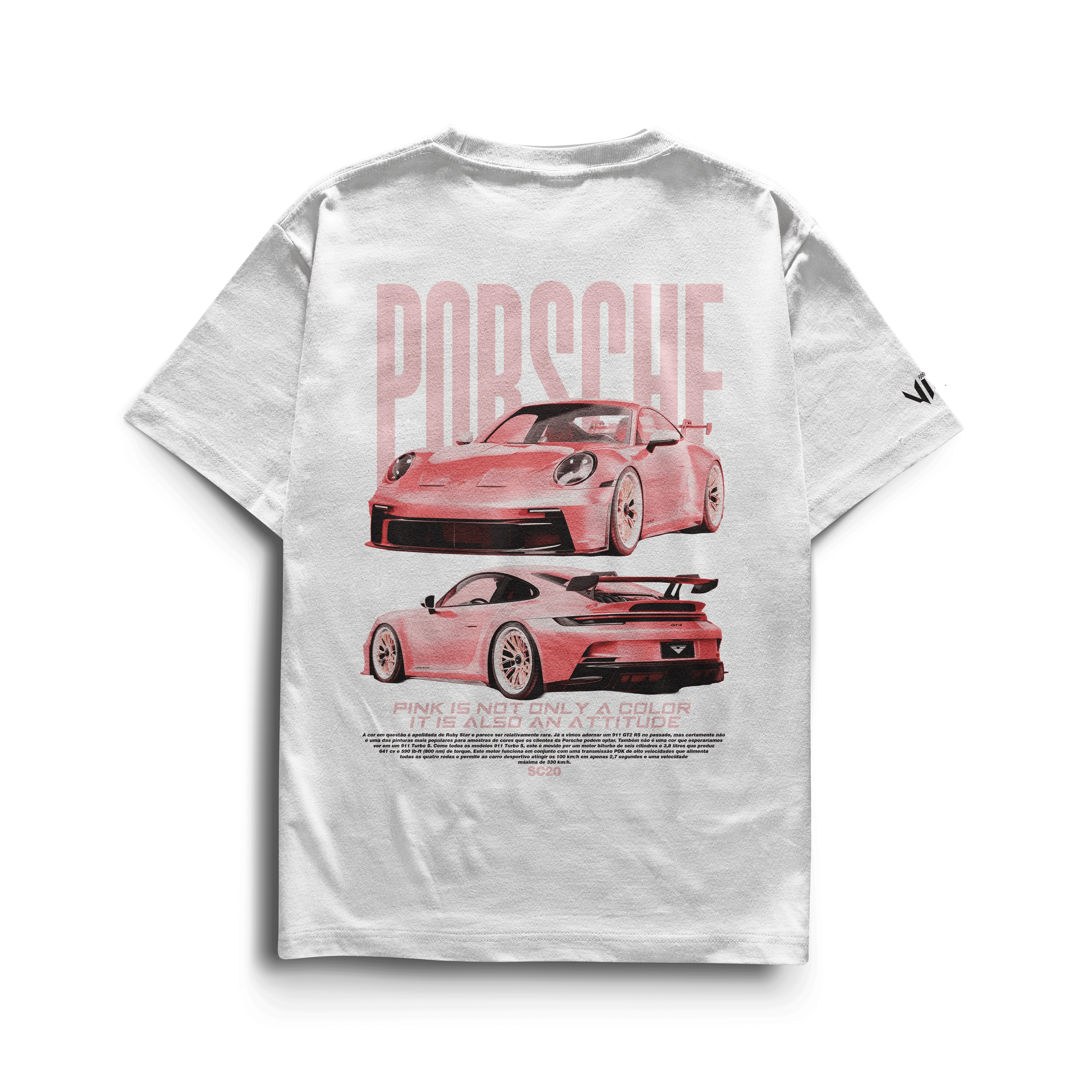 Camiseta Porsche Pink com estampa estilizada em algodão penteado.

