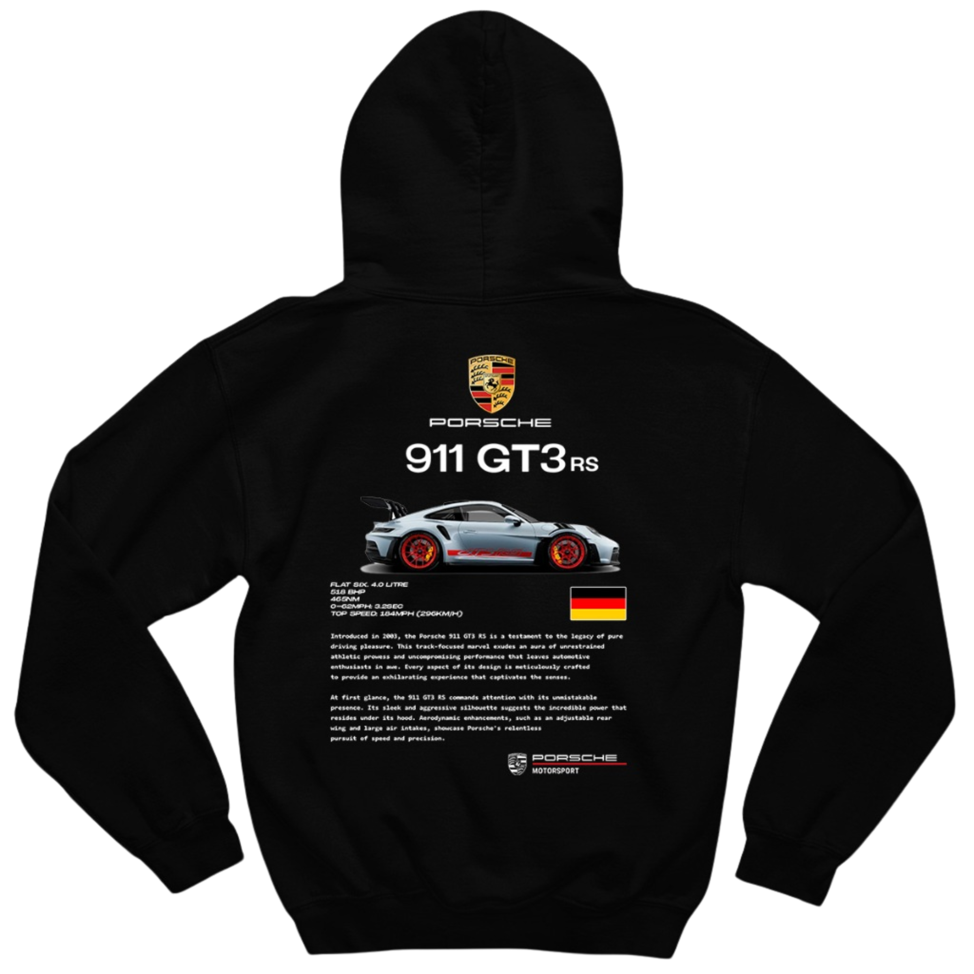 Moletom Porsche 911 RS em tecido macio com detalhes em ribana flexível.