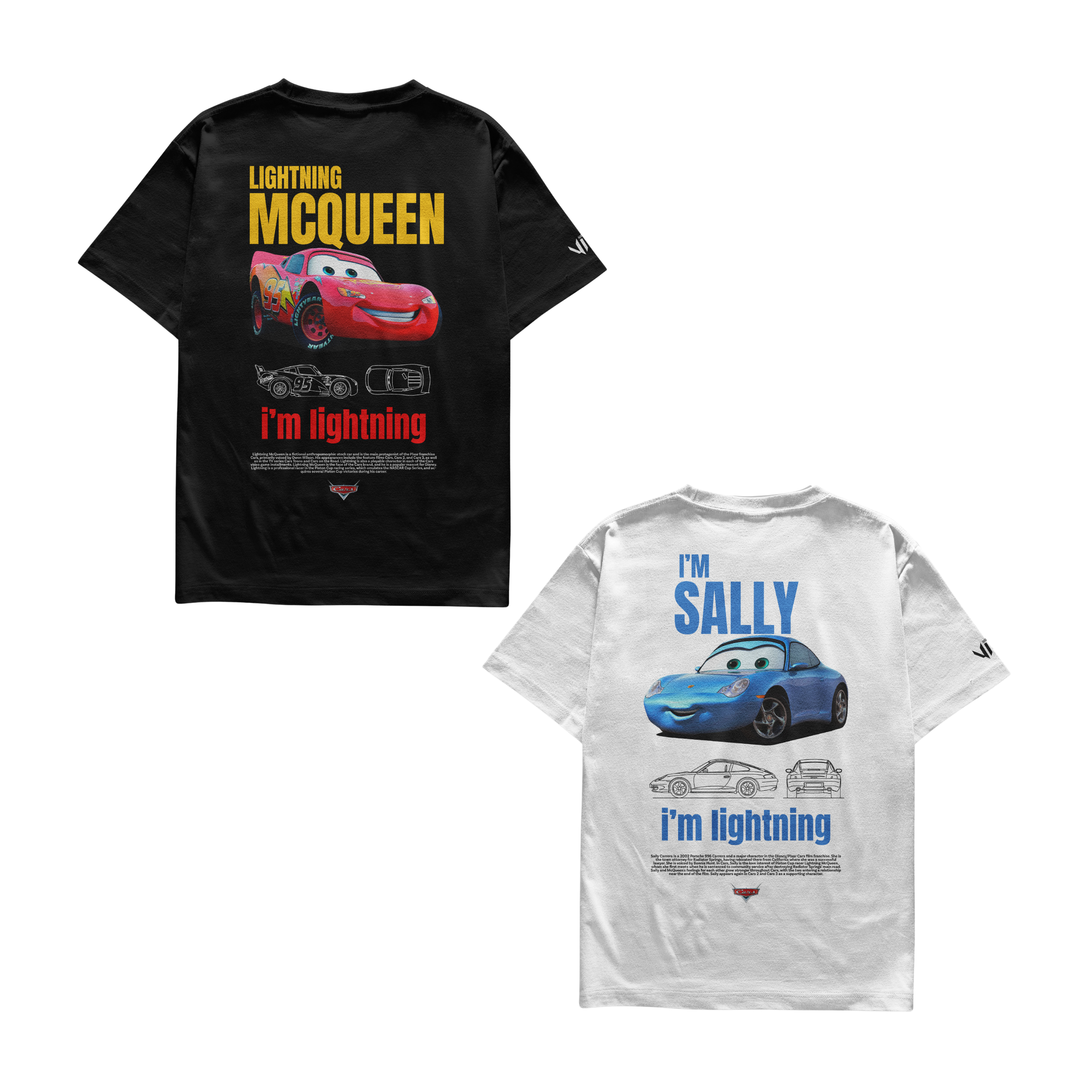 Detalhe do reforço ombro a ombro nas camisetas McQueen e Sally para casal