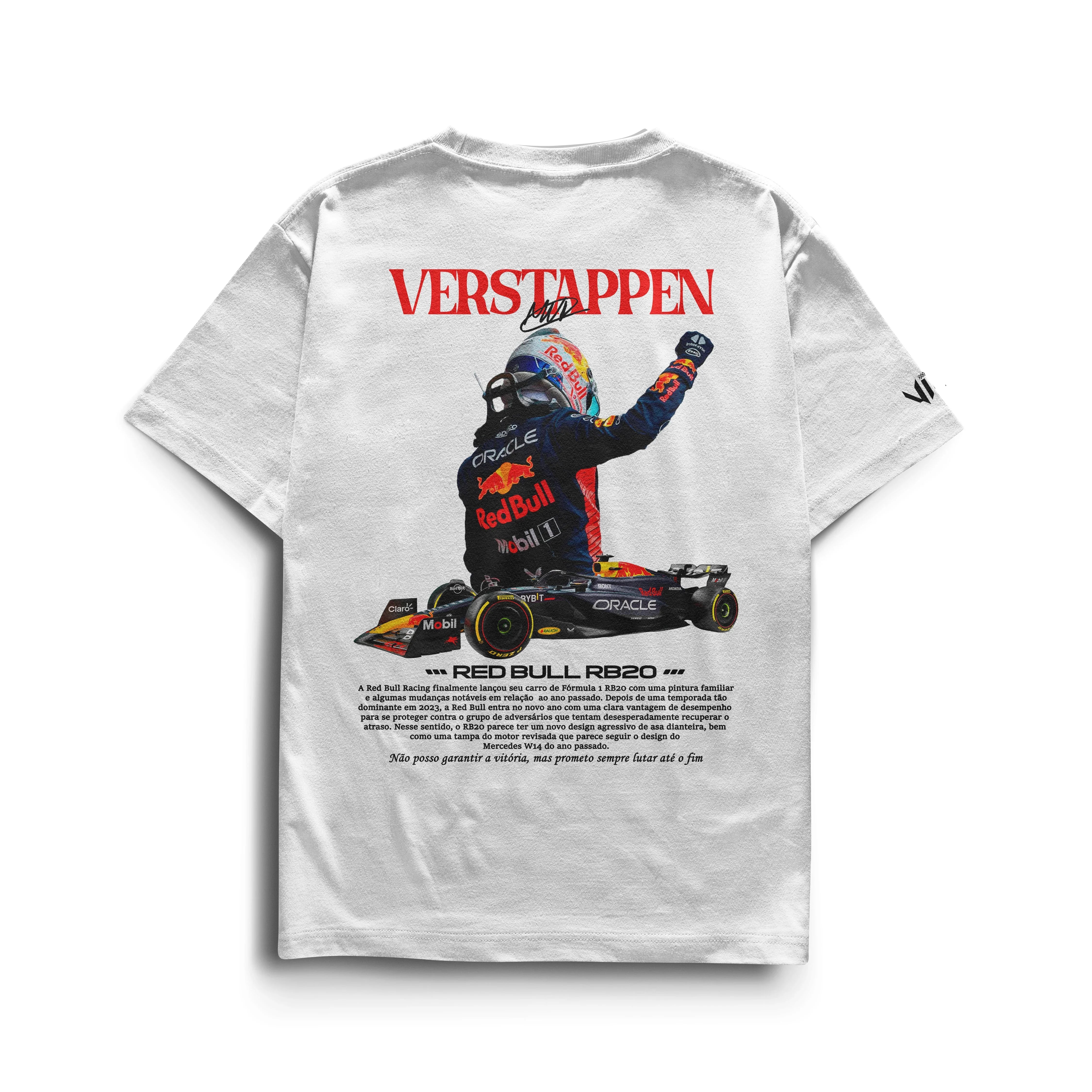 Detalhe da gola reforçada da camiseta Verstappen F1 com costura dupla