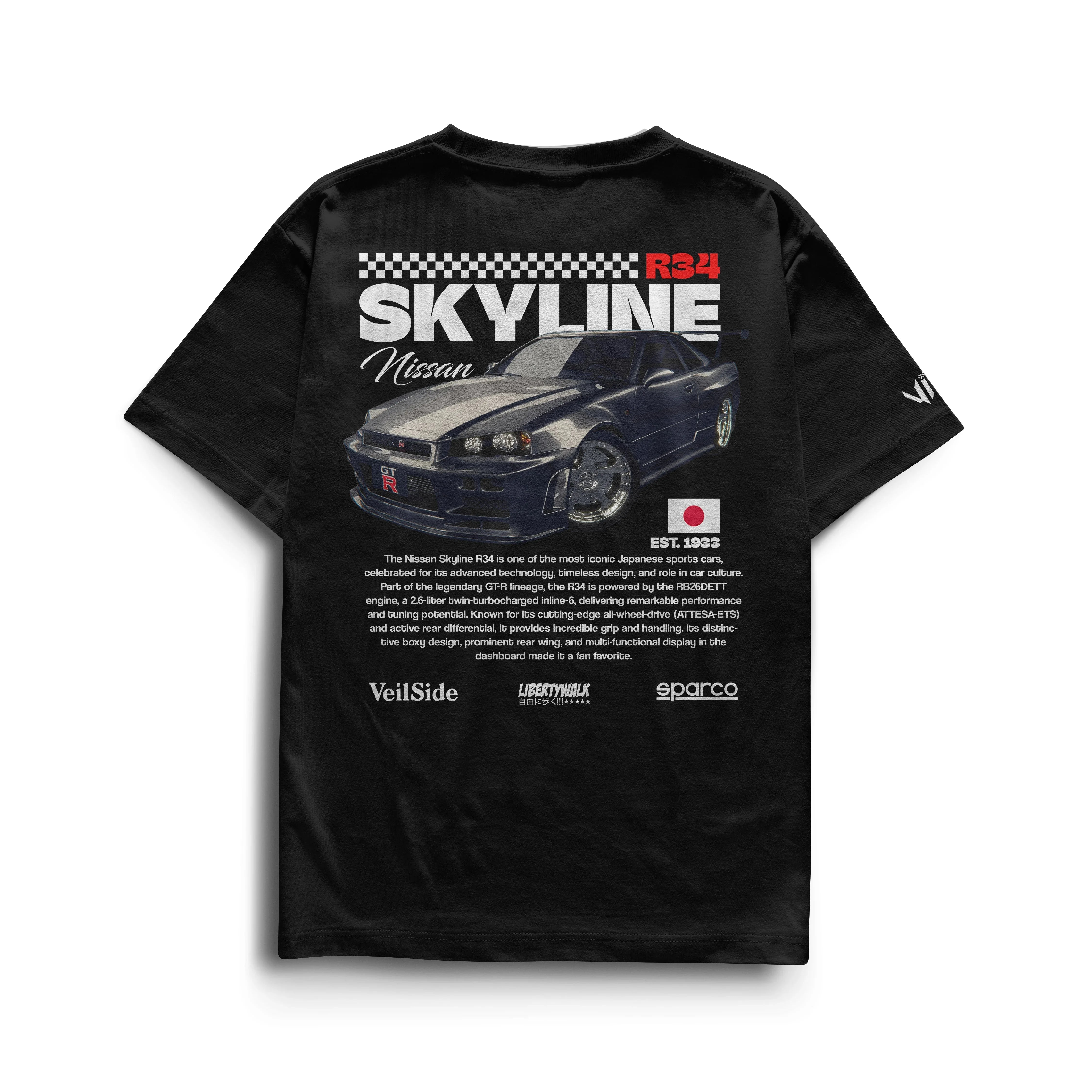 Camiseta Nissan Skyline masculina em algodão penteado com estampa durável